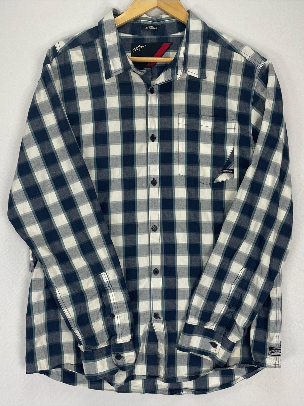 Alpinestars Shirt Men’s XL Plaid Long Sleeve Cotton Button Up Blue White Moto
In